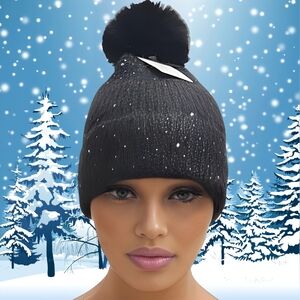 ARVORES Black Ribbed Beanie with Sparkly Gems & Faux Fur Pompom NWT